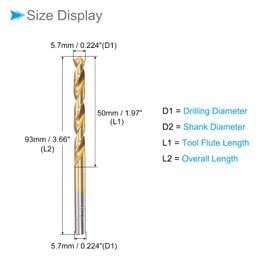 CoCud Twist Drill Bits, 5.7mm Drilling Diameter, Titanium Coated High Speed Steel 6542 Straight Round Shank - (Applications: for Stainless Steel Alloy Metal), 2-Pieces