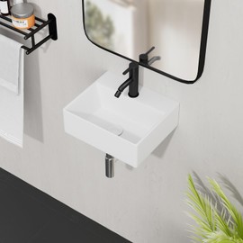 Davivy 13.2" X 11.4'' Wall Mounted Bathroom Sink with Pop Up Drain and Installation Kit,Bathroom Sinks Above Counter,Rectangle Ceramic Vessel Sink,Wall Mounted Vessel Sink for Small Bathroom(Small)