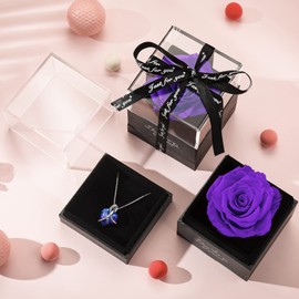 Preserved Real Purple Rose with Heart I Love You Necklace -Eternal Flowers Rose Gifts for Mom Wife Girlfriend Grandma on Birthday Valentines Mothers Day Christmas Anniversary Romantic Gifts for Her