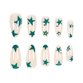 RUOKEXIN Almond Press on Nails Medium Fake Nails Green Star False Nails with Rhinestones Designs Full Cover Glue on Nails Sparkly Artificial Nails Cute Stick on Nails for Women 24Pcs