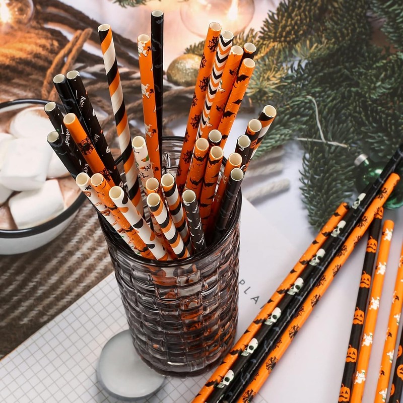 Halloween Paper Straws Decorations - 50Pcs Black Orange Drinking Straws