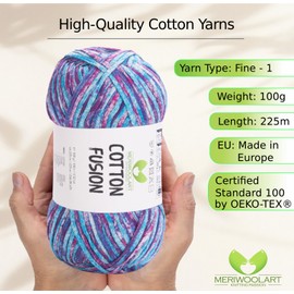 MeriWoolArt® Cotton Yarn - 100% Cotton Yarn, Multicoloured Textile Yarn, DK & Super Light, 100 g Ball, Ideal for Knitting, Crochet & Summer Accessories