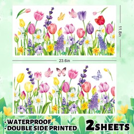Whaline Spring Tulip Floral Window Cling Stickers Large Flower Butterfly Windows Decals Reusable Colorful Floral Bouquet Window Decoration for Party Home Shop Display, 2 Sheets