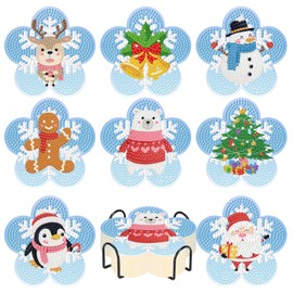YarnMate 8 Pcs Diamond Art Coaster Kits with Holder - Christmas Snowman Diamond Painting for Adults Beginners - 5D Gem Art Dots Paintings with Cork Pads - Crafts Supplies