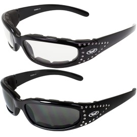 Global Vision Marilyn-3 Women's Ladies Padded Motorcycle Sunglasses Bling 2 Pair Black Studded Frames Clear & Smoke Lenses, Clear & Smoke, Adult