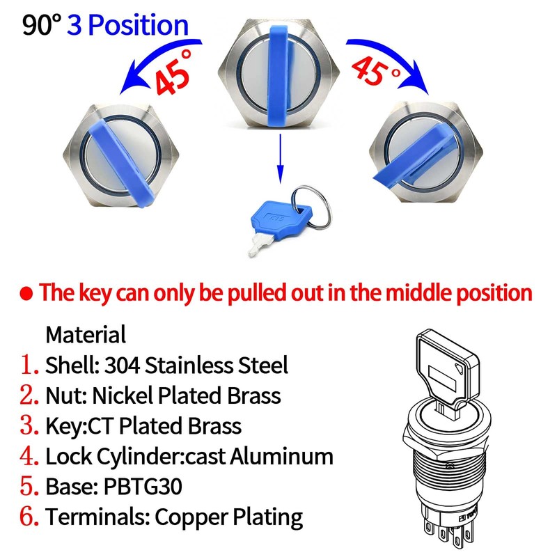 3 Position Key Switch 19MM DPDT Rotary Switch Stainless Steel