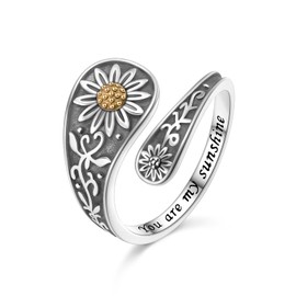 Adjustable Vintage Sunflower Ring for Women 925 Sterling Silver Oxidation Flower Spoon Rings You Are My Sunshine Inspirational Band Ring
