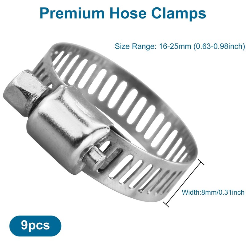 9PCS Hose Clips Stainless Steel 16-25mm Jubilee Clips Assorted Hose