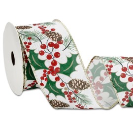 JarThenaAMCS Christmas Glitter Wired Edge Ribbon Roll Watercolor Holly Berry Pinecone Ribbon Xmas Mistletoe Fabric Ribbon for Wreath Bow Making DIY Crafts Gift Wrapping, 12 Yard