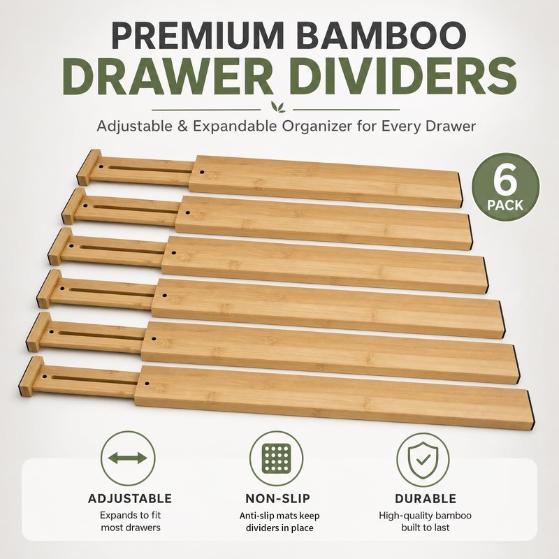 Dzueo 6 Pack Wood Drawer Dividers - Expandable Wooden Drawer