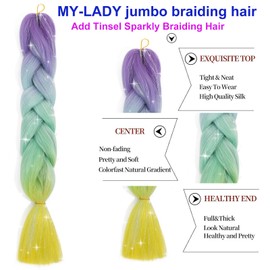Ombre Jumbo Braiding Hair Colorful Tinsel Hair Extension 24 Inch 1PC Synthetic Braids Rainbow Hair,Glitter Fake Hair 4 Tone,Purple to Lake Blue to Green to Yellow Glitter