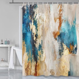 Abstract Brushstroke Blue Shower Curtain for Bathroom, Beige and Gold Yellow Shower Curtains 69Wx70H Inches Modern Painting Farmhouse Aesthetic Polyester Waterproof Bathroom Curtain with 12 Hooks
