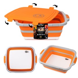 New XL Collapsible BBQ Prep Tub wtih LOCKING Lid, Cutting Board & Drain Hole | BPA-Free, Food-Grade, Recyclable, Space-Saving Caddy for Grilling, Camping, Kitchen & Outdoor Cooking (Orange, 16 Liters)