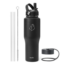 BUZIO Insulated Water Bottle Fits in Cupholder, Stainless Steel Tumbler with Straw Lid 32oz, Leak-proof BPA-Free Insulated Water Flask for Travel, Keeps Cold for 48H, Hot for 24H, Black