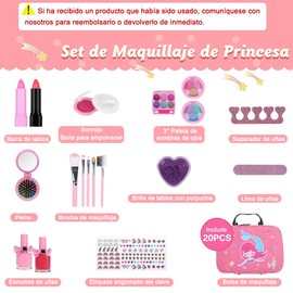 Juguete de Maquillaje para Niñas, 20 Piezas Juguete Cosmético Real Lavable Maletin de Maquillaje Niñas Maleta de Maquillaje Bolsa de Maquillaje Princesa, Regalos de Cumpleaños de Navidad para Niñas