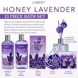 Valentine's Day Gift - Bath and Body Gift Basket For Women and Men – Honey Lavender Home Spa Set with Essential Oil Diffuser, Soap Flowers, Bath Salt and More - 13 Piece Set