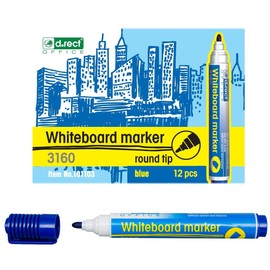 D.RECT 3160 Whiteboard Marker for Whiteboards and Flipcharts, Wipe Clean Glass Board Marker Bullet Tip Blue Pack of 12