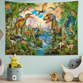 LB Dinosaur Tapestry, Green Jungle Wall Hanging, Animals Wall Cloth, Tropical Plants Tapestry for Children, Bedroom, Living Room, Dorm Wall Decoration, Birthday Party Background, 200 x 150 cm