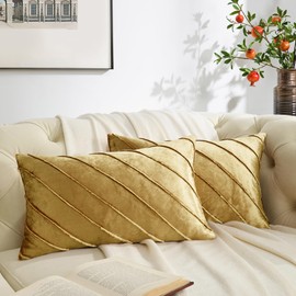 GIGIZAZA Decorative Velvet Pillow Covers 12x20, Set of 2 Gold Sofa Couch Lumbar Throw Pillows Covers Cases, Living Room Square Cushion Accent Stripe Covers