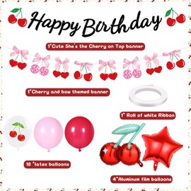 Cherry Birthday Party Decorations - Cherries Fruit Banner Cherry Balloons for Birthday Decorations Happy 1st 2nd Party Supplies for Girls