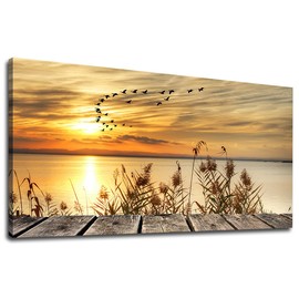 Wall Art Lake Sunset Canvas Art Autumn Nature Picture Dock Wooden Bridge Reeds Birds Flying Shore Dusk Contemporary Artwork for Bedroom Living Room Decoration Home Kitchen Office Wall Decor 20" x 40"