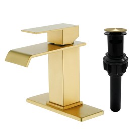 Waterfall Bathroom Faucet, Modern Single Handle Bathroom Faucets for 1 or 3 Hole Bathroom Sink Faucet Brushed Gold Vanity Washbasin Faucet Lavatory Mixer Taps with Pop-up Drain and Supply Hoses