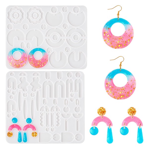 Elecrelive 2Pcs Resin Earring Molds with Holes, Round Rectangle Moon