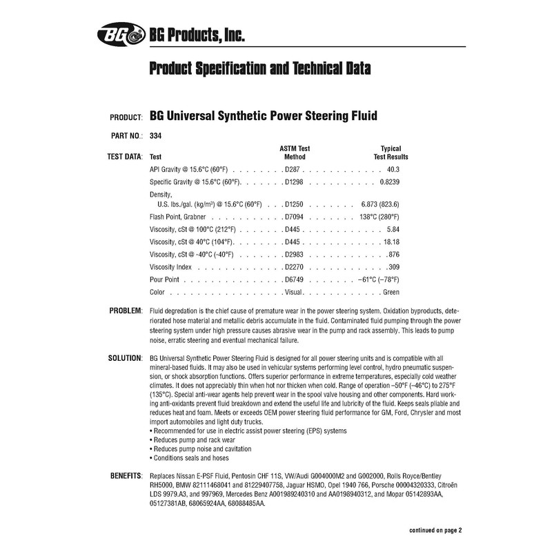 BG Universal Synthetic Power Steering Fluid PN 334 with Pocket