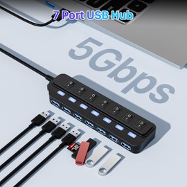 WIRWTRU USB Hub 7 Port,USB 3.0 Hub Splitter with Individual On/Off LED Switches, USB Hub for PC 5Gbps HighSpeed Data for Laptop, MacBook, Mac Pro, Mac mini, iMac, Surface Pro and More