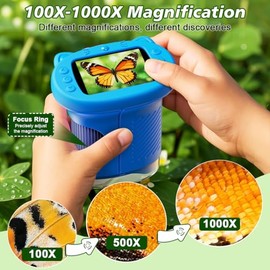 1000X Handheld Digital Microscope for Kids, 4K Kids Microscope with 2.4" Screen, 200–1000X Magnification, Portable STEM Educational Toy for Boys and Girls Ages 5–12 (Blue)