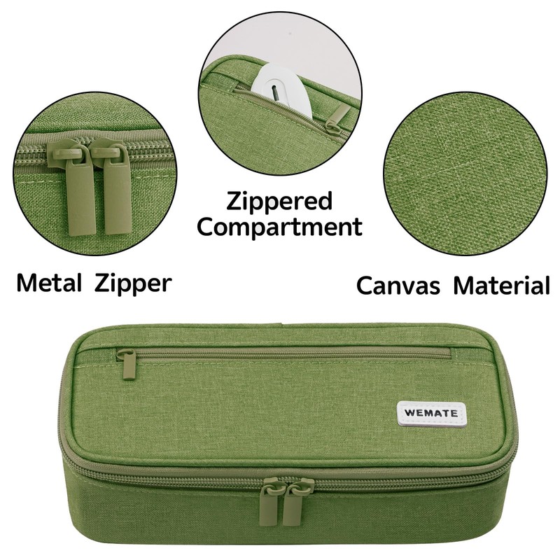 WEMATE Pencil Case, 5 Compartments, Large Capacity, Green