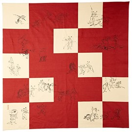 Yamamoto Hitoto Shoten Japanese Goods Kyoto Small Goods KURUMI Large Furoshiki Shantung Sankabu Furoshiki Chojujin Caricature, A-Aka, Approx. 41.7 x 41.3 inches (106 x 105 cm)