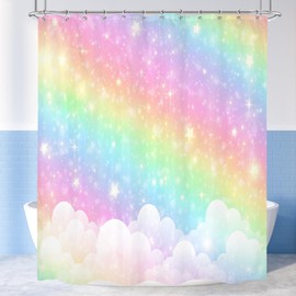 Cinbloo Kids Rainbow Shower Curtain 60Wx72H Girls Pastel Cartoon Cute Colorful Sky Clouds Stars Aesthetic Bathroom Curtain Set Girly Bath Curtain Cloth Fabric Bathroom Accessories Decor with 12 Hooks
