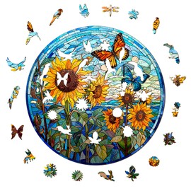 Wooden Puzzles for Adult, Sunflower and Butterfly Wooden Jigsaw Puzzle, Unique Shape Flower Puzzle with Beautiful Wooden Box, Best Gift for Family Game (L-13.4 * 13.4in-300pcs)