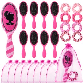 Hotop 24 Pcs Hot Pink Princess Party Favors for 8 Girls, Pink Girl Party Supplies Include 9 Inch Hair Brush for Girls Detangling Brush Pink Scrunchies Organza Bag for Makeup Kit Hair Accessories