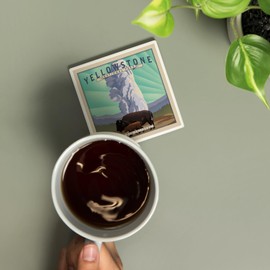 Yellowstone National Park, Wyoming, Old Faithful and Bison, Lithograph National Park Series (Absorbent Ceramic Coaster, Single, Cork Back, Kitchen Table Decor)