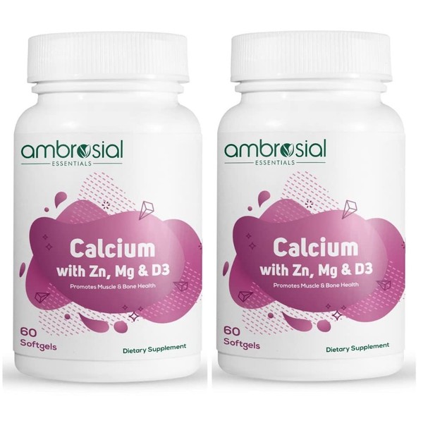 Ambrosial Calcium Magnesium Zinc & Vitamin D3 Highly Effective Calcium Supplement for Healthy Bones, Muscles & Teeth Highly Bioavailable Calcium Citrate Calcium Tablets 120 Softgels Capsules