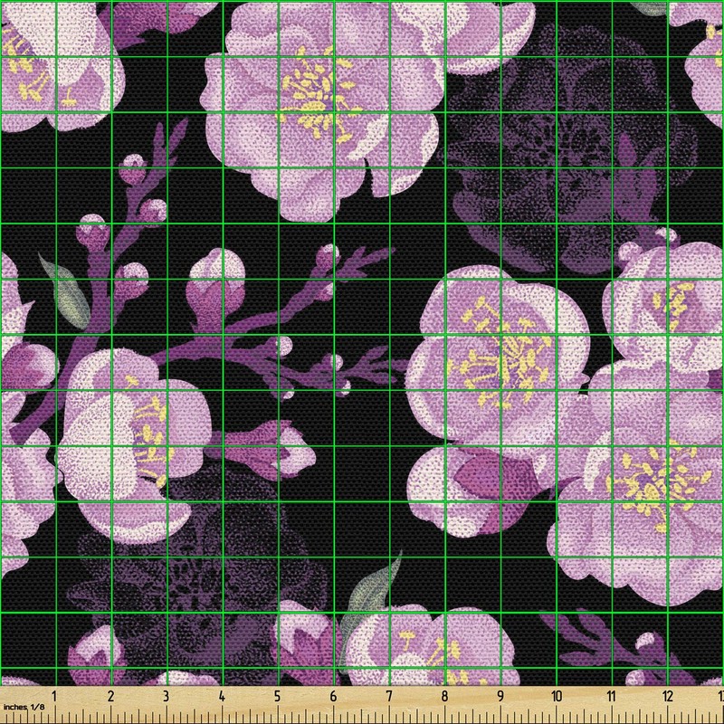 Lunarable Japanese Fabric by The Yard, Blooming Flowers Illustration Oriental