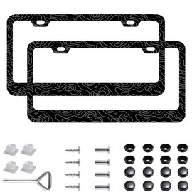 2 Pack Topographic | Topography | Map | Exploration | Discovery License Plate Frames, Stainless Steel License Plate Cover with Screw Caps Cover and Screwdriver Set - 2-Hole