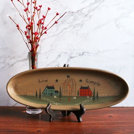 CVHOMEDECO. Primitive Rustic House Willow Tree Sheep Wood Decorative Plate Oval Crackled Display Wooden Plate Home Décor Art, 15-1/2 X 5-3/4 Inch