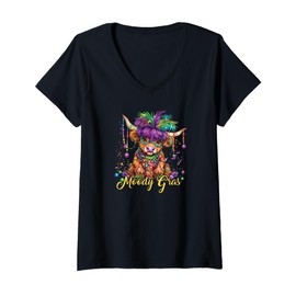 Womens Mardi Gras Highland Cow Moody Gras Funny Pun Fat Tuesday V-Neck T-Shirt
