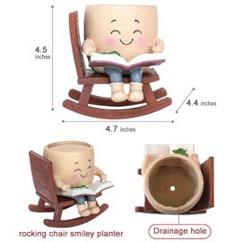 RZOIKZOI Rocking Chair Smily Face Planter with Drainage Hole, Cute Plant Pots for Indoor Outdoor Plants,Unique Flower Pot for Succulents, Gift for Mother's Day, Birthday, Christmas