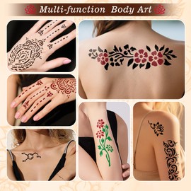 DIY Temporary Tattoo Stencils Kit - 4 Pcs Set w/Tattoo Cones 3 Colors Safe Ink (Green, Black, 2*Cherry Red) | Includes Reusable Stencils, & Gloves | Body Art for Kids & Adults Party Gifts