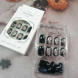 Short Square Press on Nails 24Pcs Gel Glue on Nails for Manicure Art. Glossy Black Flower Print Acrylic False Nails With Vines Design. Rhinestones Full Cover Fake Nails Stick on Nails for Women Girls