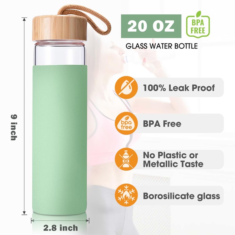 Yomious 20 Oz Borosilicate Glass Water Bottles with Silicone Sleeve