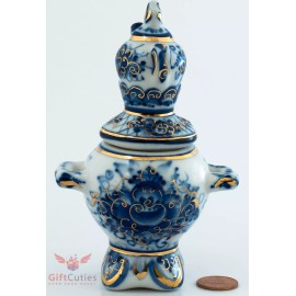 Gzhel Blue White & Gold Porcelain Samovar Teapot Figurine collectible souvenir