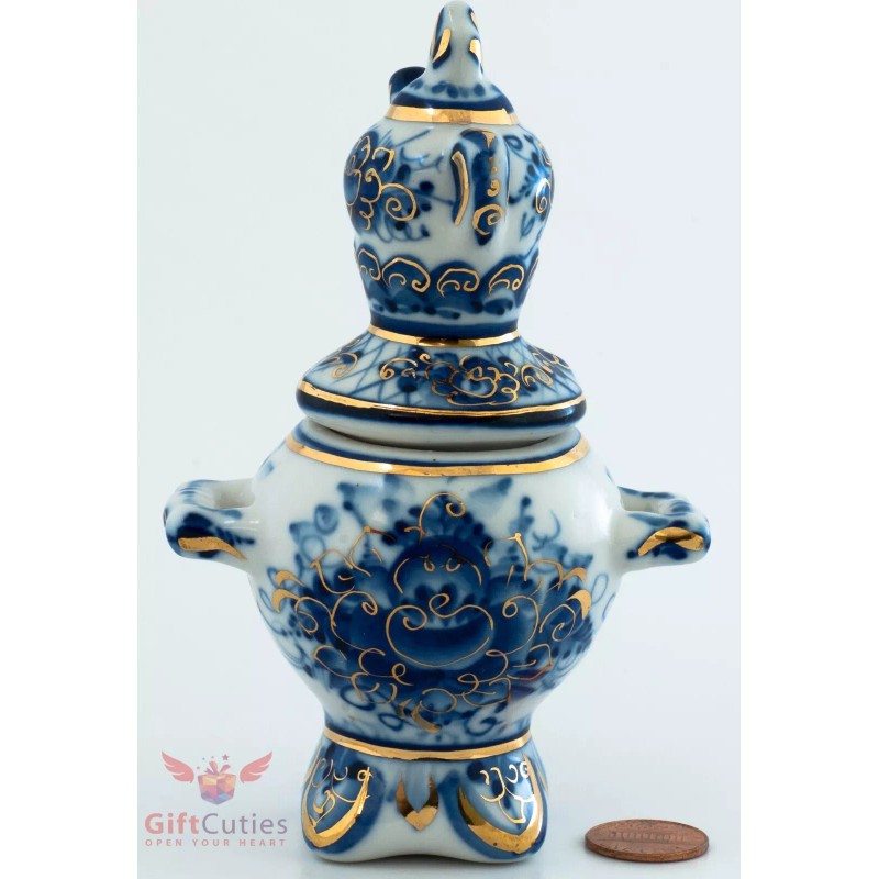 Gzhel Blue White & Gold Porcelain Samovar Teapot Figurine collectible