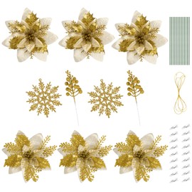 ilauke 34-Piece Glitter Christmas Flowers Set, 2 Sizes Glitter Poinsettia Artificial Flowers with Berries, Snowflakes, 25 Clips, 25 Rhizomes and Hanging Ropes for Christmas, Christmas Tree, Wreaths