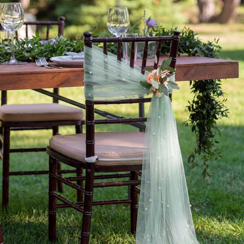 16 Packs Pearl Chair Sashes Wedding Decorations 8ft Sage Green