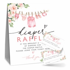 baby girl Diaper Raffle Game Kit For Baby Shower, Baby Blush Floral - 1 Standing Sign & 50 Tickets, Decorations For Baby Shower, Gender Reveal, Baby Announcement, Party Favor & Supplies - A07